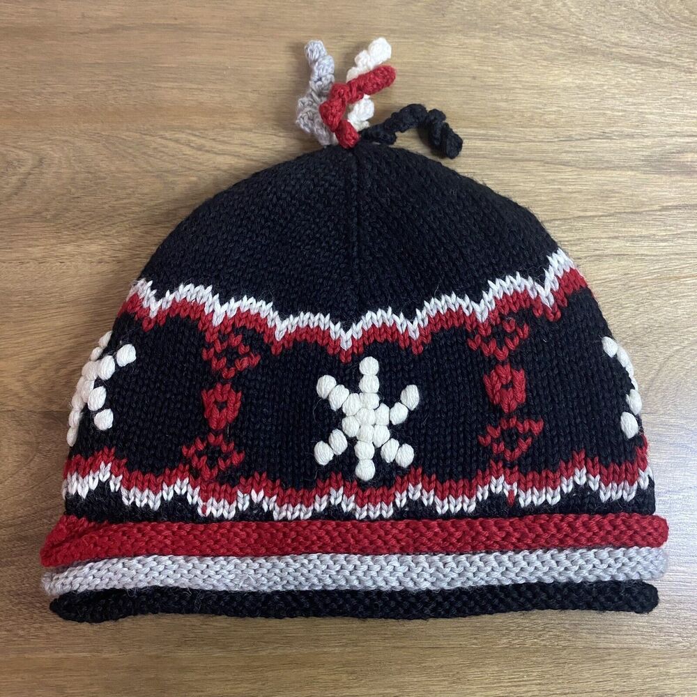 NW2 Winter Hat Wool Blend Black Red Cream Tassels Ski Cap Beanie Fleece Lined